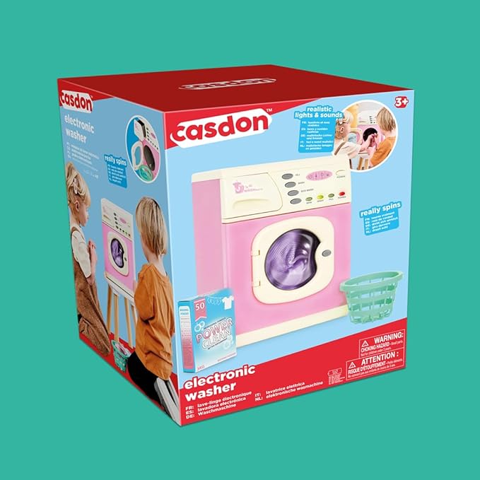 Casdon Pink Washer | Pink Toy Washing Machine for Children Aged 3+ | Features Spinning Drum & Sound Effects for Realistic Play!