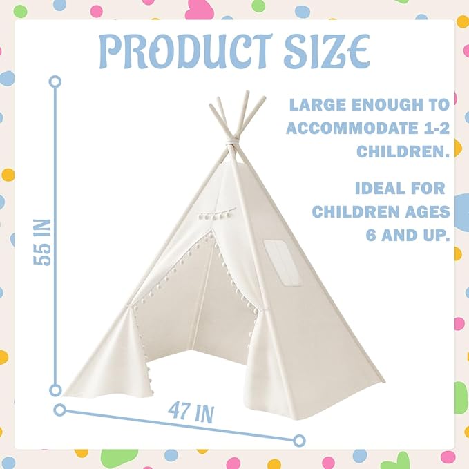 2 PCS Teepee Tent for Kids,Washable Tapered Kids Teepee Tent,Bohemian White Collapsible Sleepover Tents,for Boys and Girls Sleepover Pajamas Party Birthday SPA