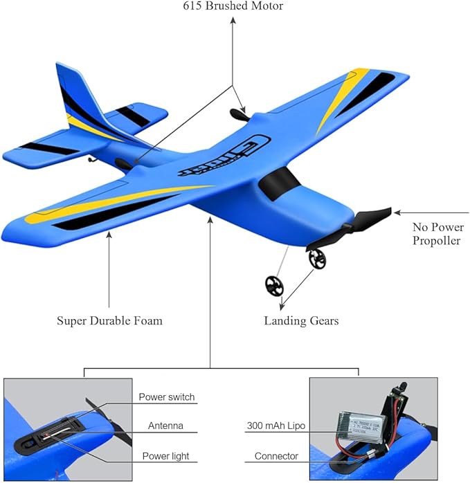 HAWK'S WORK 2 Channel RC Airplane, Ready to Fly, 2.4GHz Remote Control Plane, Easy to Fly Glider for Kids & Beginners (Blue)