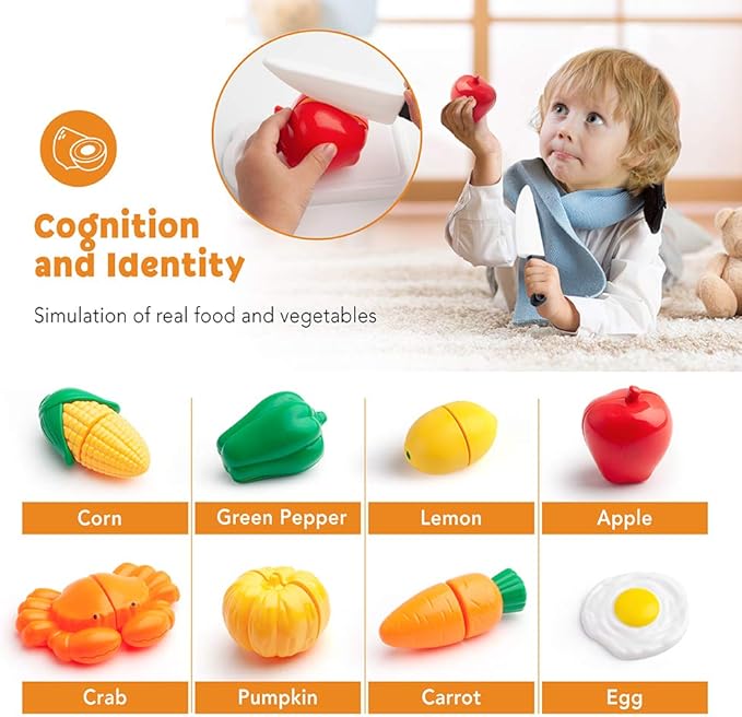 D-FantiX Kids Pretend Play Kitchen Accessories Set, Toddlers Pots and Pans Cookware Playset, Kids Cooking Toys with Utensils, Knife, Cutting Food Kitchen Playset for Girls and Boys Age 2 3 4 5 6 7