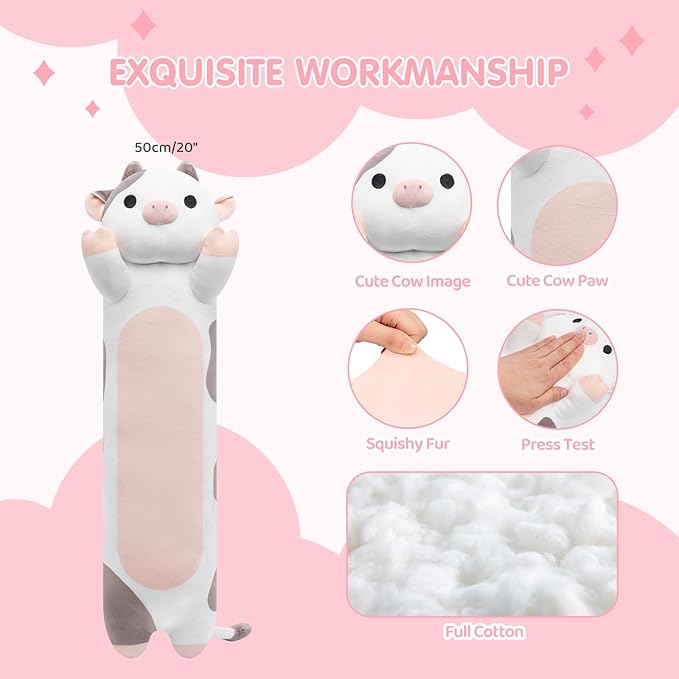 Long Plush Cow Body Pillow, Cute Cow Stuffed Animal Soft Plushie, Big Cuddle Pillow Toy for Girls (20 Inches)