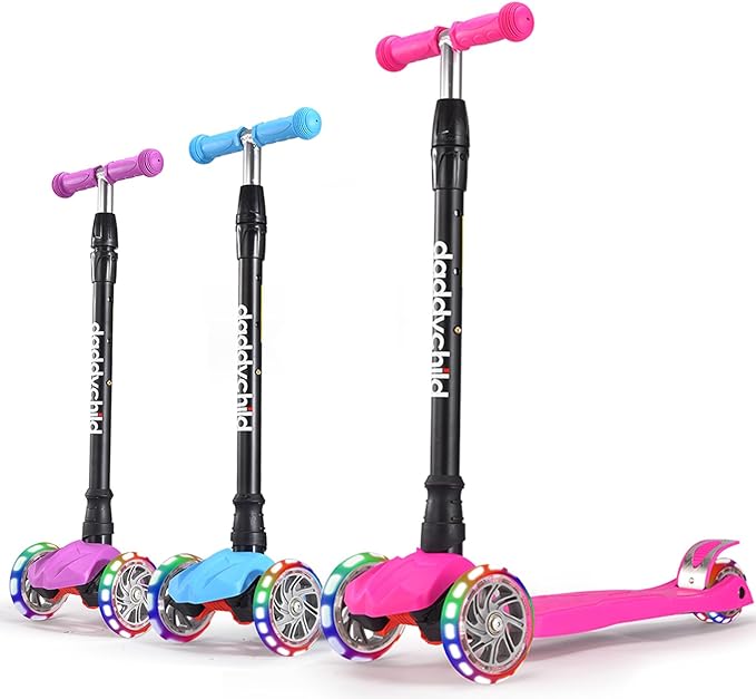 Kids Kick Scooter, 3 Wheeled Scooter for Kids, Child/Toddlers Toy, Adjustable Height, Anti-Slip Deck, Flashing Wheel Lights, for Boys/Girls 3-12 Year Old