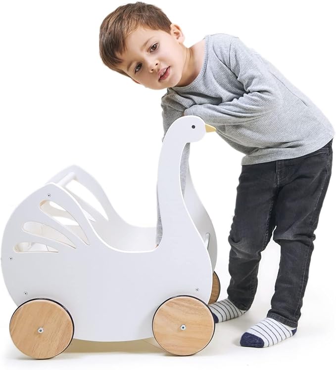 Tender Leaf Toys - Sweet Swan Pram - Wooden Swan Shape Dolls Stroller - Inspired Role-Play Toy for Boys and Girls, Improve Gross Motor Skills and Creativity - Age 18m +