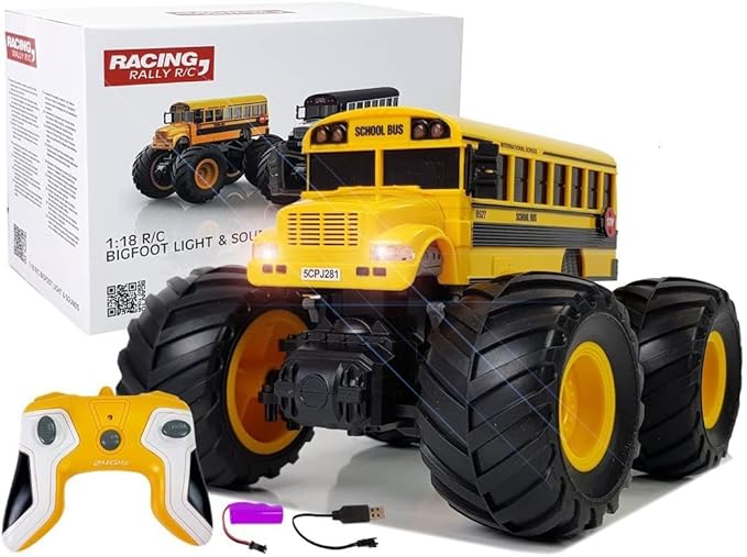 Remote Control Monster Truck - 1:18 Scale RC Fire Truck, 2.4GHz Big Wheel School Bus with Lights, Sounds, Rechargeable Electric Toy Stunt Jam Car for Kids, Boys, Girls (School Bus)
