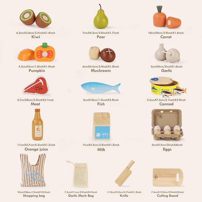 Lehoo Castle Wooden Play Food Sets for Kids Kitchen, Food Toys for Toddlers 3+ Year Old, Pretend Food Play Kitchen Accessories, Cutting Fruits Vegetables Toys, Gift for Boys Girls