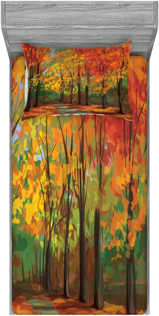 Ambesonne Rustic 2 Pack Fitted Sheet & Pillow Sham Set, North Woods with Leaves, 4 Pcs Bedding Decor, Package Contains 2 Twin Size Fitted Sheets & 2 Pillow Covers, Orange and Green
