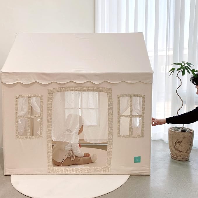 PETITE MAISON Kids Play House Tent with 100% Cotton Fabric & 5 Windows - Hand Made Premium Quality Play Tent for Indoor & Outdoor - Light and Easy to Assembly - Best Birthday Gift - Vely Beige