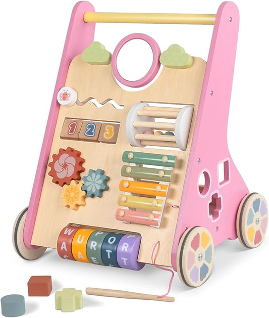 Baby Walker with Wheels, Wooden Push Walker Toys for Babies 6-12 Months, Baby Girl Walking Activity Toys for 1 Year Old