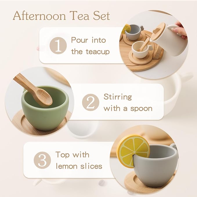 Wooden Tea Set for Little Girls, Enchanting Tea Party Set Silicone Tea Set Teapot Cups Carrying Scoop Kids Kitchen Accessories Toys Toddler Tea Set Girls Gift