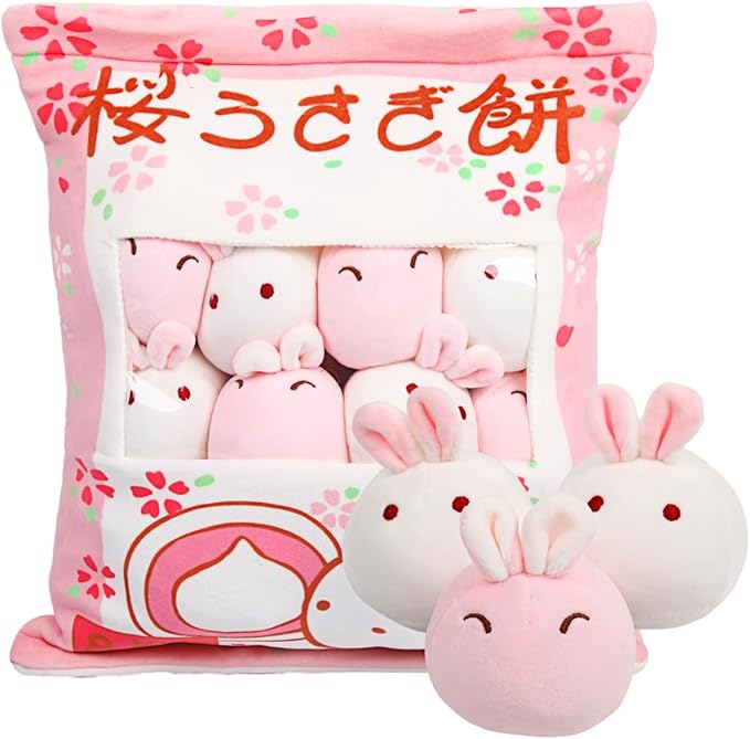 ARELUX Cute Bunny Plush Pudding Pillow:Snack Pillow Toys Bag Removable Stuffed Animal 8Pcs Sets Creative Plush,Soft Sakura Bunny Plushie Throw Pillow,Dolls Friends Family Member
