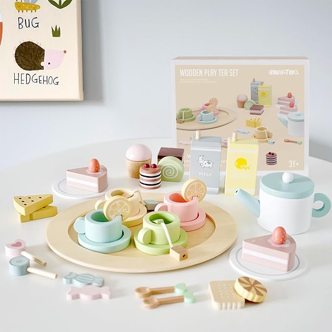 Wooden Tea Party Set for Little Girls, 34 PCS Wooden Tea Set for Toddlers 3-5, Pretend Play Kids Wood Tea Set Toy, Play Kitchen Accessories with Play Food, Improve Imagination