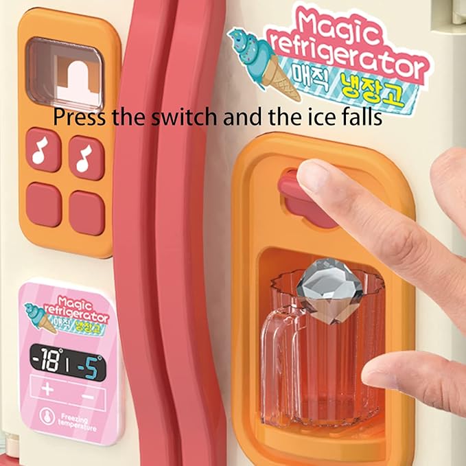 Kitchen Toys Fridge Refrigerator with Ice Dispenser Pretend Play Appliance for Kids, Play Kitchen Set with Kitchen Playset Accessories for Boys & Girls Music and Light