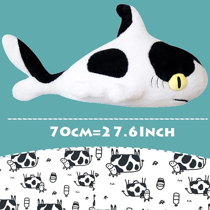 ELAINREN Furry Cow Shark Plush Pillow Soft Stuffed Animal Toy Creative Dairy Shark Whale Plushie Ocean Doll Gift/27.6''