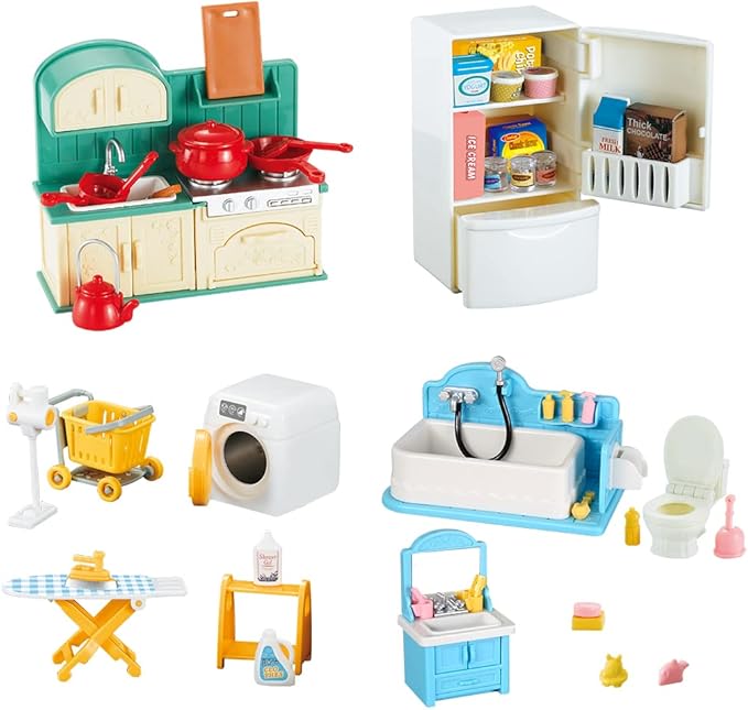 TAKIHON Dollhouse Furniture, Kitchen & Bathroom Toy Set,Fridge Washing Machine Set for Kids,Dollhouse Miniature Accessories,Educational Pretend Play Toys for Toddler,Boys & Girls