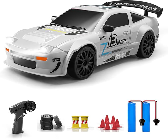 ACAMMZAR RC Drift Car, 1:24 Remote Control Car for Kids, 20KM/H 4WD High Speed RC Cars with LED Lights, Two Batteries, Extra Drifting Tires, Vehicle for Adults Boys Girls