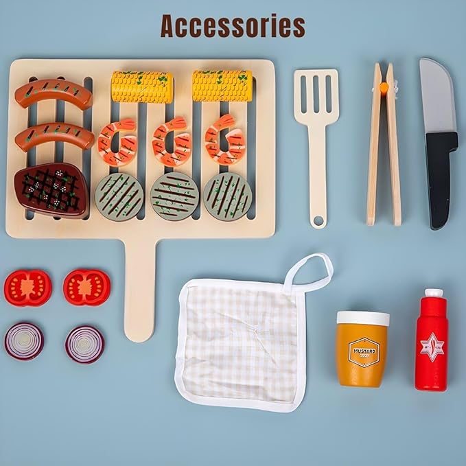 MerryPony Wooden Play Barbecue Toy Grill, Kids BBQ Grill Playset with Play Food and Grilling Tools, Kids Cooking Sets, Outdoor Play Kitchen Set, Pretend Play Kitchen Accessories Toddlers Age 3+