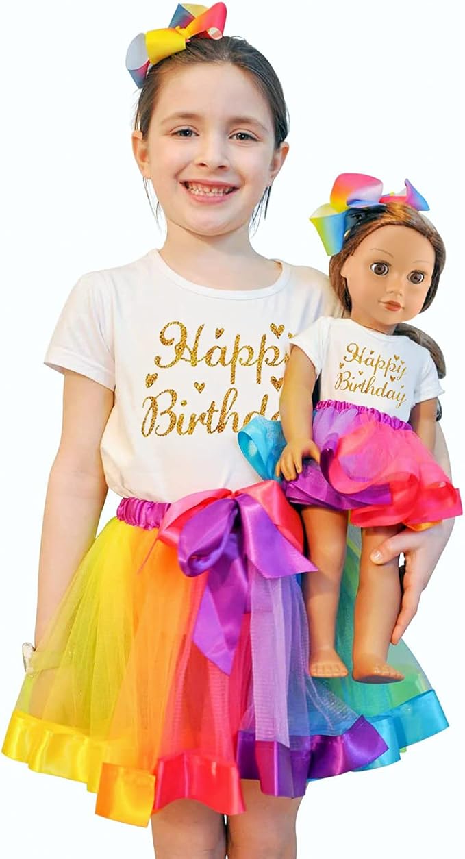ZITA ELEMENT Rainbow Clothes and Hair Accessories for American 18 Inch Girl Doll Matching Girls Outfits - 2 Cotton Shirts, 2 Rainbow Tutu Skirts and 2 Bow Hair Clips for Kid Girl Birthday Gift.