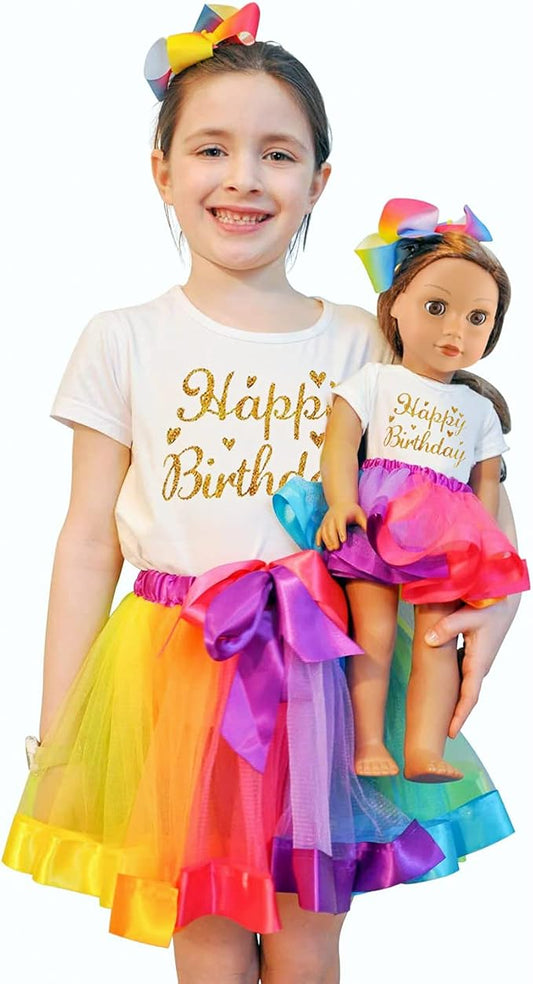 ZITA ELEMENT Rainbow Clothes and Hair Accessories for American 18 Inch Girl Doll Matching Girls Outfits - 2 Cotton Shirts, 2 Rainbow Tutu Skirts and 2 Bow Hair Clips for Kid Girl Birthday Gift.