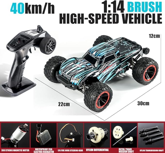 Double Delight Remote Control Car, 1:14 Scale RC Truck 38+ KM/H Speed, 2.4G All-Terrain Off-Road Truck Toy Gifts for Boys and Adults with 2 Rechargeable Batteries Provide 40+ Min Playtime (Blue)