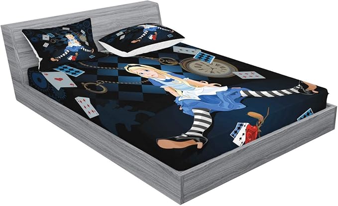 Ambesonne Alice in Wonderland Fitted Sheet & Pillow Sham Set, Grown Giant Girl Sitting Flying Cards and Rose Checkered Cartoon, Decorative Printed 3 Piece Bedding Decor Set, Calking, Dark Blue