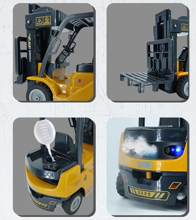 Remote Control Forklift with Flatbed Truck, 11 Channel RC Forklifts with Spray, Cool Lights & Sound, 2 in 1 Lift Fork & Hook, Crane Construction Toys for Boys, Birthday Gift for Kids 3+