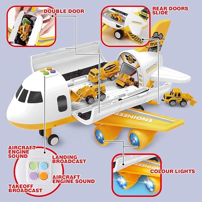 Dwi Dowellin Construction Toy Airplane Set/Play Mat,Excavator,Bulldozer,Mixer,Dumper Truck,Forklift,Crane,Alloy Metal Car Toys for 3 4 5 6 Years Old Toddlers Kids Boys & Girls(Large)