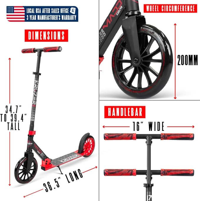 Large Folding Kick Scooter for Adults and Teens – Adjustable Handlebar – Big 200mm Wheels – Lightweight Durable Folding Frame – 220lbs Capacity – Madd Gear Scoot 200