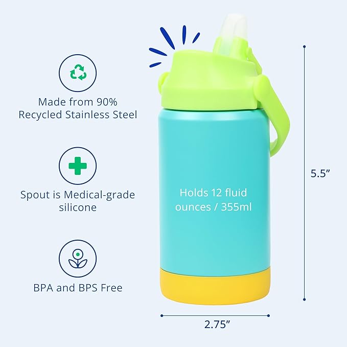 Re-Play 12 oz Water Bottle for Kids - Vacuum-Insulated Stainless Steel Tumbler with Flip-Straw, Silicone Base and Handle - Spill and Leak-Proof Design, Dishwasher and Freezer Safe, Aqua Assorted
