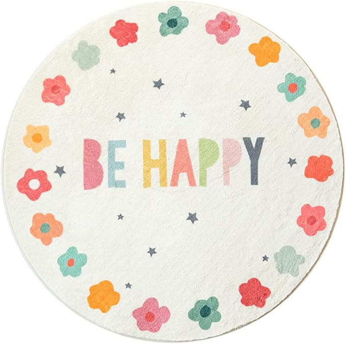 Poowe Round Kids Playroom Rug - Soft Alphabet Nursery Rug for Bedroom - Playtime Collection, Learning & Game Carpet for Classroom, Best Shower Gift for Infant Toddlers (Round 47.2", Flower-Happy)
