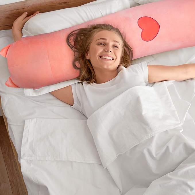 Artist-Designed Ultra Soft Long Cat Plush Body Pillow, Extra Stuffing for Comfort, Premium Quality Stuffed Animal Gift for Girlfriend or Cat Lovers (Pink Cat Body Pillow 20 Inch)