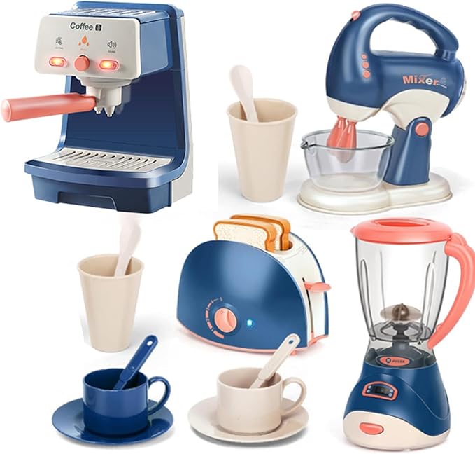 Kids Assorted Kitchen Appliance Play Toys Includes Coffee Maker ,Blender,Fruit Machine and Toaster ,Apron and Cups,with Realistic Lights& Sounds,Learning Gift for Toddlers Baby Girls Boys-Blue