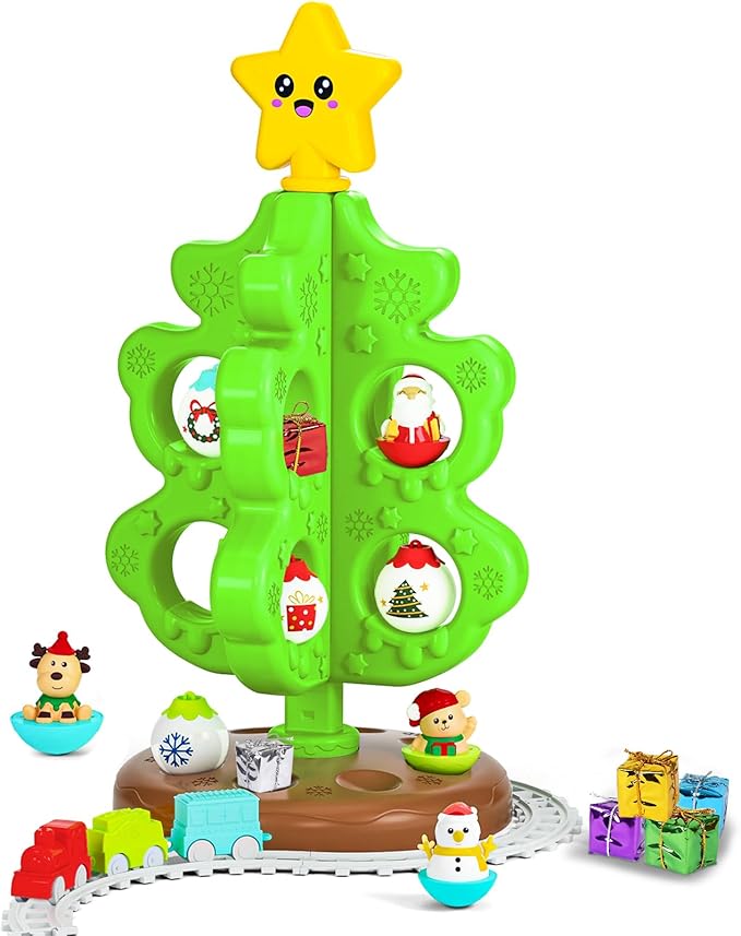 My First Christmas Tree for Toddlers, Montessori Christmas Decoration Toy with Ornaments, Mini Train Set, Roly Poly Toys, Finger Puppets, Birthday Xmas Gifts for Little Kids Boys and Girls