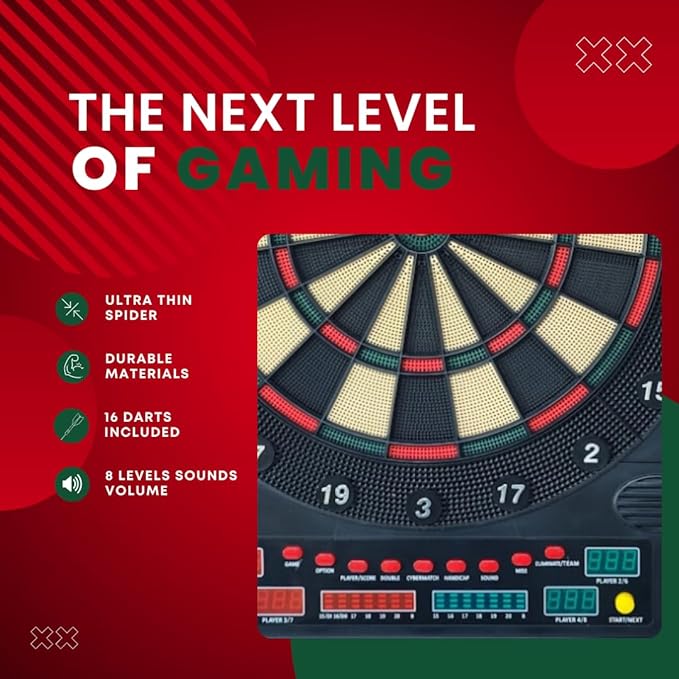 Dartboard Professional Electronic Dart Board with LED Digital Scoreboard, Wooden MDF Cabinet, 27 Games, 202 Variations, Includes 16 Soft Tip Darts & 16 Replacement Tips, Perfect for Adults Game Room