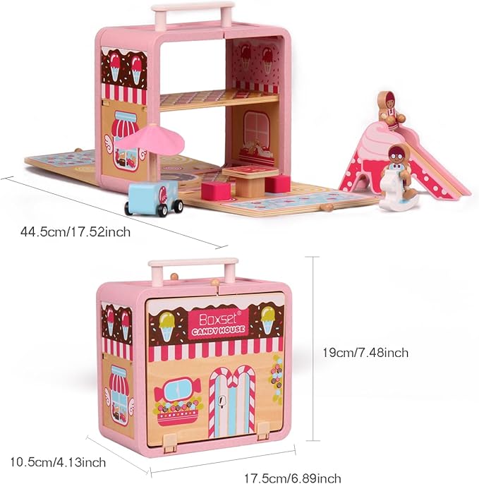 Wooden Building Set Toys Candy House Toys with Wooden Small Table and Chairs Blocks Storage Toys for Age 3+ Children