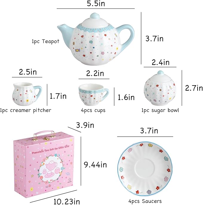 Sweejar Porcelain Tea Set for Little Girls,Kitchen Toys Tea Party Set for Kids Toddler Kitchen Pretend Toy Include Children Teapot, Cup & Saucer Set of 4, Sugar Bowl and Cream Pitcher(Sweet)