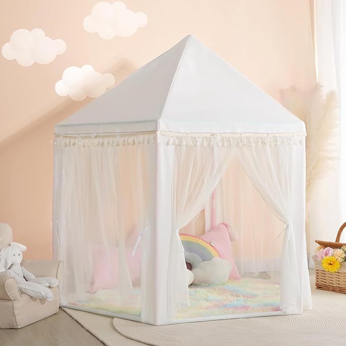 Princess Tent for Girls Indoor: with Rainbow Rug, Star Lights - White Play Tent for Kids, Girls Toys for Indoor Princess Games