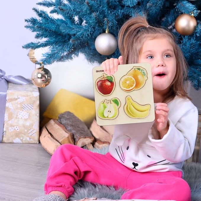 QUOKKA Wooden Puzzles for Toddlers 1-3 - 6 Toddler Peg Puzzles Ages 2-4 - Montessori Toy for Kids Ages 3-5 with Animal, Fruits, Geometric Shapes - Educational Preschool Game Gift for Childrens