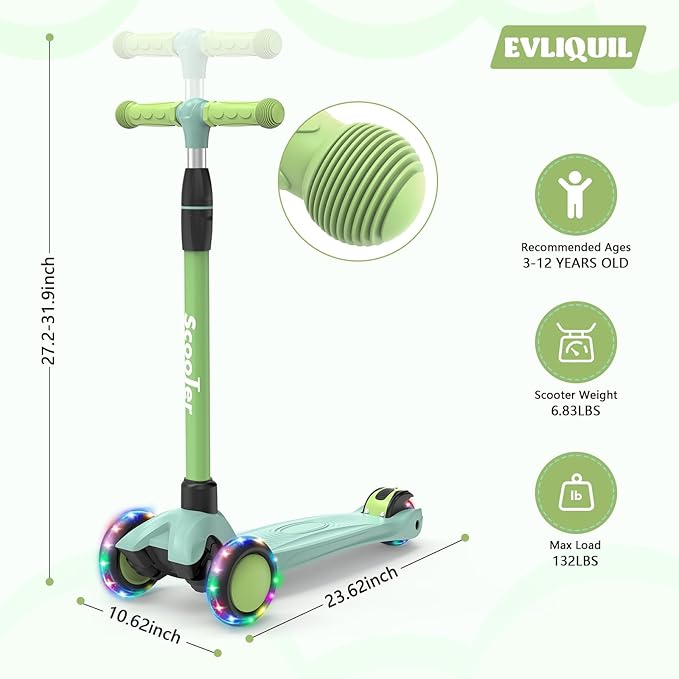 Kids Kick Scooter,Adjustable Height Handlebars and Removable Seat Scooters for Kids,3 Lighted Wheels Anti-Slip Deck Toddler Scooter for Boys & Girls Aged 3-12 up to 132 Lbs.