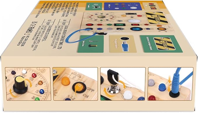 Busy Board, Montessori Toy for 1-3 Years Old, Wooden Toddler Sensory Travel Toy, Ideal Gift for 1+ Year Old Boys (Busy Board Plus V2), Medium, Yellow