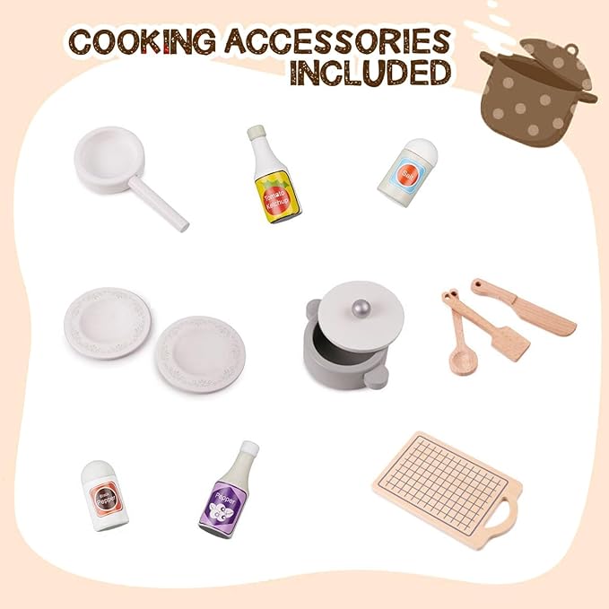 Kids Play Kitchen, Wooden Toy Kitchen Playset for Kids with 12 Pcs Toy Food & Cookware Accessories, Childrens Pretend Kitchen Playset for 3+ Years Old