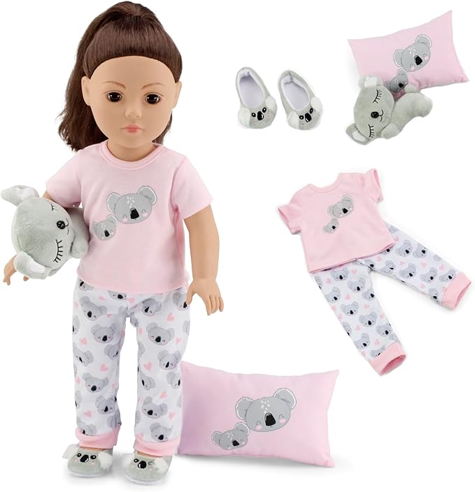 Emily Rose 18-Inch Doll Clothes 5-PC PJ Pajamas Sleepover Outfit & Accessories Set | 18" Doll Pajama Sleep Outfit with Slippers - Includes Pet Koala Toy and Pillow - Ideal Gift Set for Little Girls