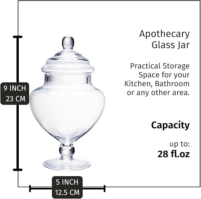 Diamond Star Clear Glass Apothecary Jars, Heart Shape Small Candy Buffet Display Elegant Storage Jar, Decorative Party Wedding Candy Organizer Canisters Xmas Gift (H: 9", D: 5"; 28 FL.OZ)