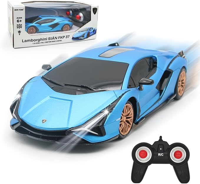 QUN XING Remote Control Car 1:24 Officially Licensed 2.4GHZ Rc Cars Lambo Sport Racing Toy Car for Kids Boys 4-7 Years Birthday Gift, Blue
