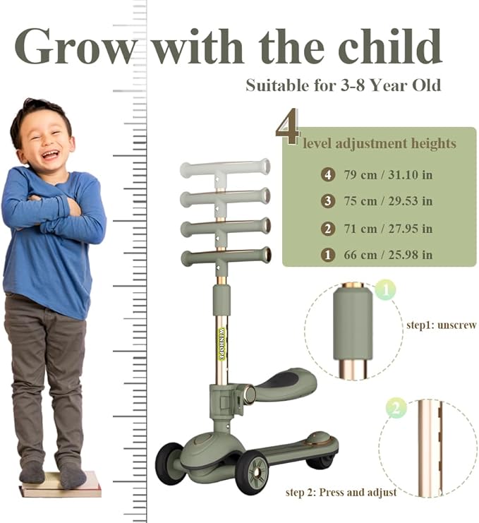 Winhope Kick Scooter for Kids, 2-in-1 Kick Scooter with Wide Deck,Folding 3 Wheel Children Scooter Outdoor Ride-On Toys for Boy Girl Aged 3-8