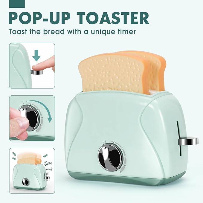 Play Kitchen Appliances Toy Set with Coffee Maker Machine, Mixer, Toaster, Blender, Kids Kitchen Playset, Play Kitchen Accessories with Sound & Light, Birthday Gifts for Kid Girls Ages 3-5 4-8