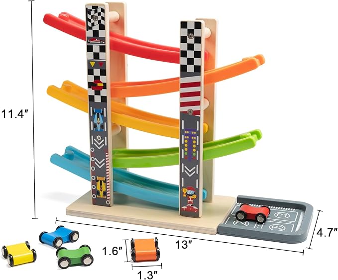 WOOD CITY Toddler Toys for 1 2 3 Years Old, Wooden Car Ramp Racer Toy Vehicle Set with 5/7 Mini Cars & Race Tracks, Montessori Toys Craft Gift for Toddlers Boys and Girls (ramp Racer-5 Layers)