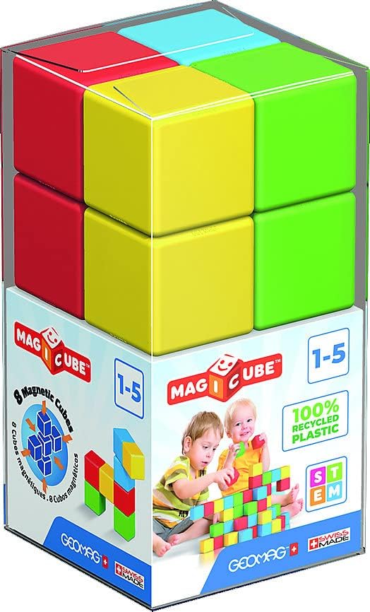 Geomag Premium Swiss-Made MagiCube 8-Piece Magnetic Stacking Cubes Building Set, Toddlers & Kids Ages 1-5, STEM Educational Toy, Creativity, Imagination, Early Learning Fun, Crystal Packaging
