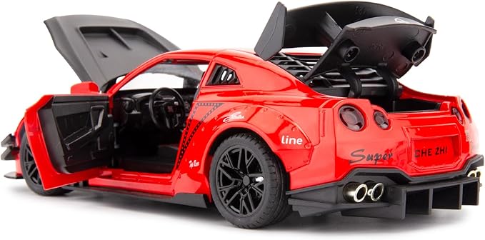 BDTCTK 1/24 Scale Compatible for Nissan GTR Model Car Toy, Zinc Alloy Pull Back Toy car with Sound and Light for Kids Boy Girl Gift (Red)