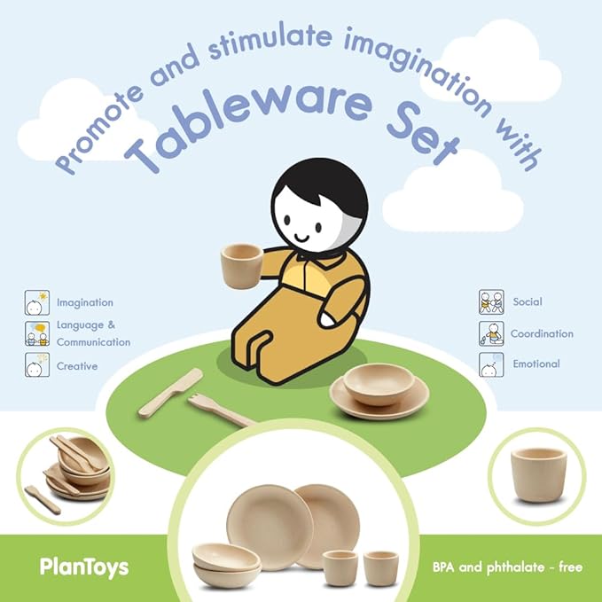PlanToys Play Dishes Wooden Tableware Set - Sustainably Made from Rubberwood Featuring 2 Plates, 2 Spoons, 2 Forks, 2 Knives, 2 Drinking Cups, and 2 Bowls