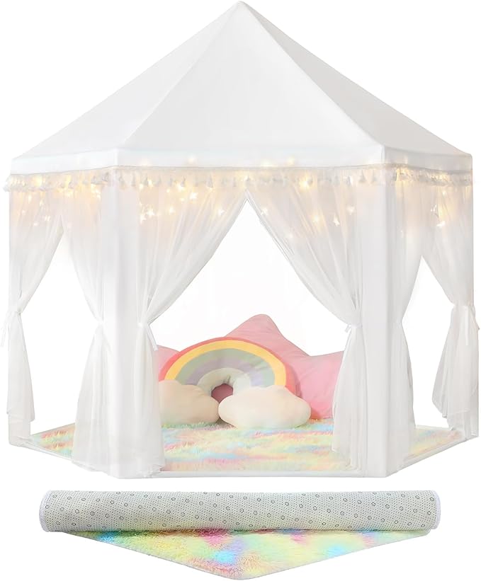 Princess Tent for Girls Indoor: with Rainbow Rug, Star Lights - White Play Tent for Kids, Girls Toys for Indoor Princess Games